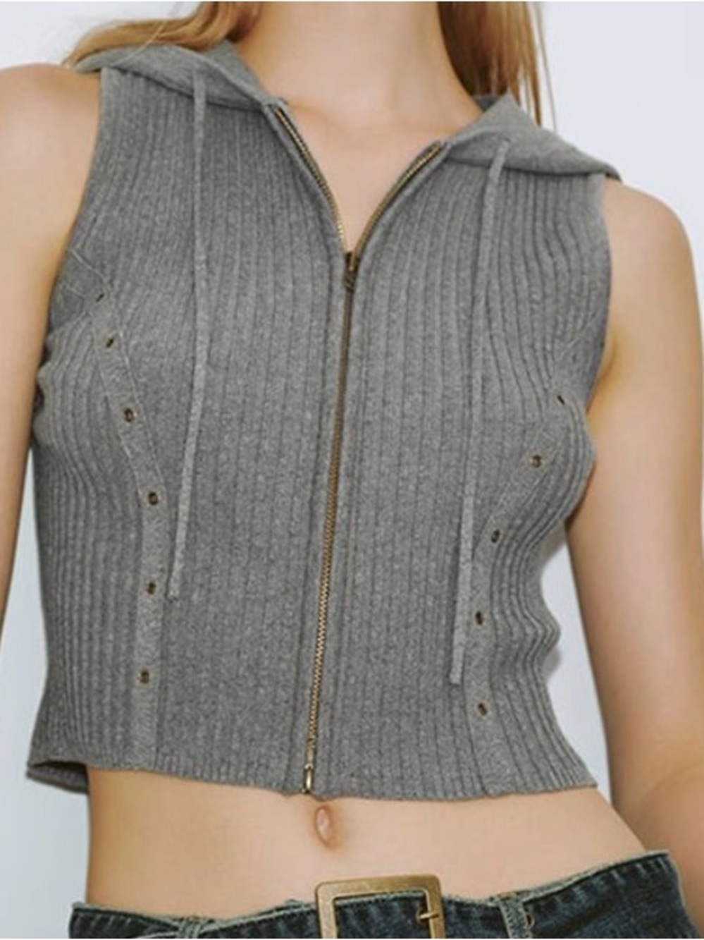 Urban Revivo Gray Ribbed Hooded Crop Top Zip Fr